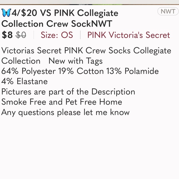 🦋4/$20 VS PINK Collegiate Collection Crew SockNWT - Picture 3 of 3